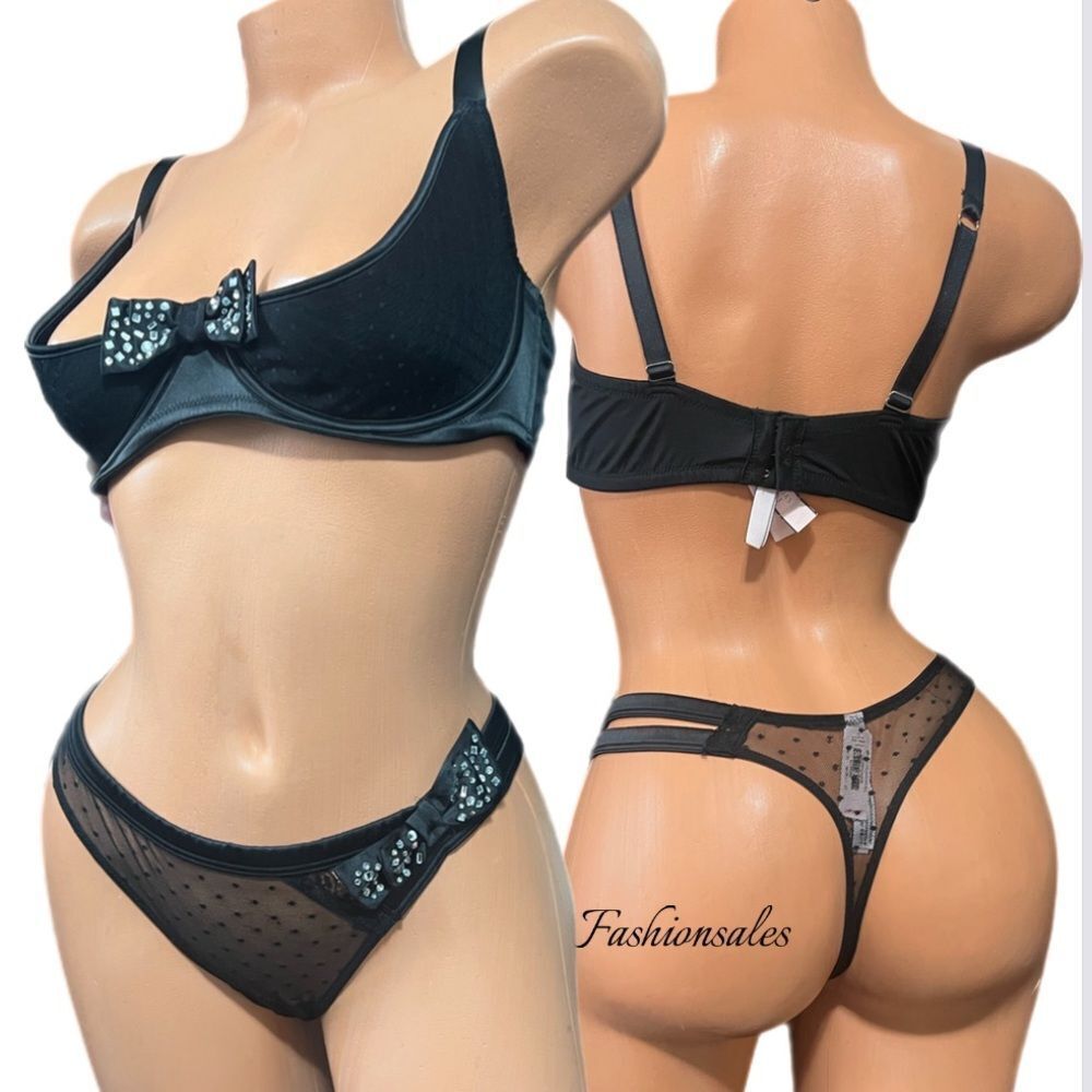 Victoria’s Secret Dream Angels set Rhinestone bow 1/2 cups bra & thong 36DD /M